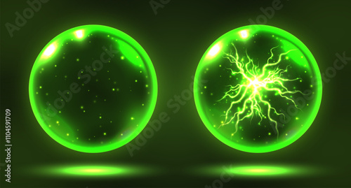 Green crystal magic ball, mystic prophecy orb with lightning inside, oracle sphere with sparkling stars and electric charge. Fantasy vector illustration.