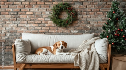 Dog enjoying christmas day by festive sofa in cozy living room