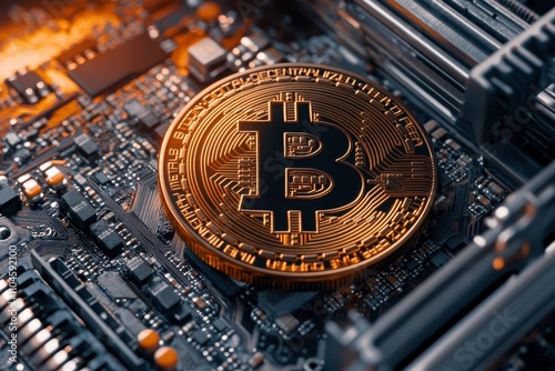 Close-up of a Golden Bitcoin on a Circuit Board Representing Cryptocurrency Technology and Financial Innovation in the Digital Era