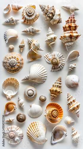 An Assortment of Seashells of Different Sizes, Colors, and Patterns on a White Background photo