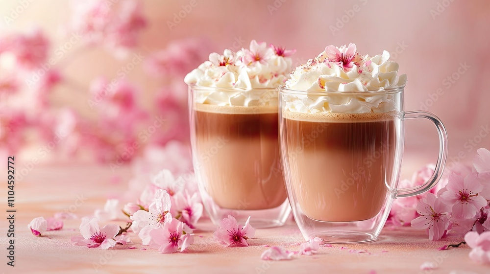 Delicious Coffee with Cream and Cherry Blossom Decoration Delicious Coffee with Cream and Cherry Blossom Decoration