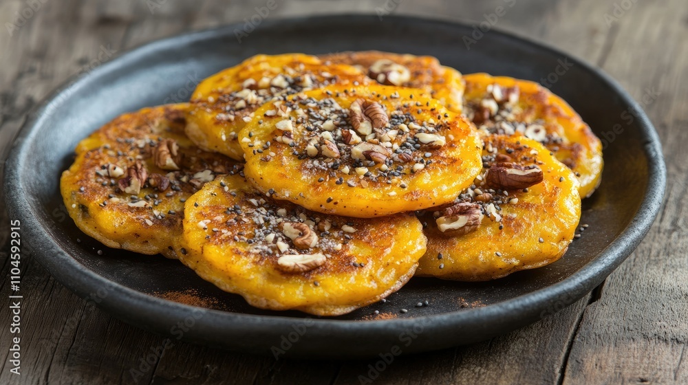 Golden Pancakes with Nuts and Spices on Dark Plate Golden Pancakes with Nuts and Spices on Dark Plate