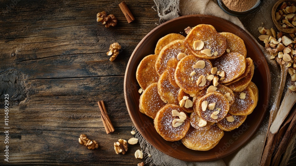 Delicious Mini Pancakes with Nuts and Cinnamon on Wooden Table