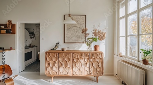 Cozy and Inviting Modern Interior with Elegant Wood Furniture and Plants