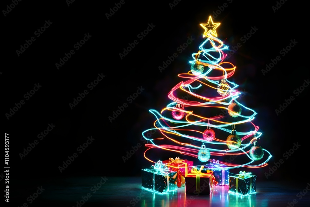An engaging scene of neon light trails forming the outline of a Christmas tree with colorful decorations and gifts at a festive holiday open house on a dark background.