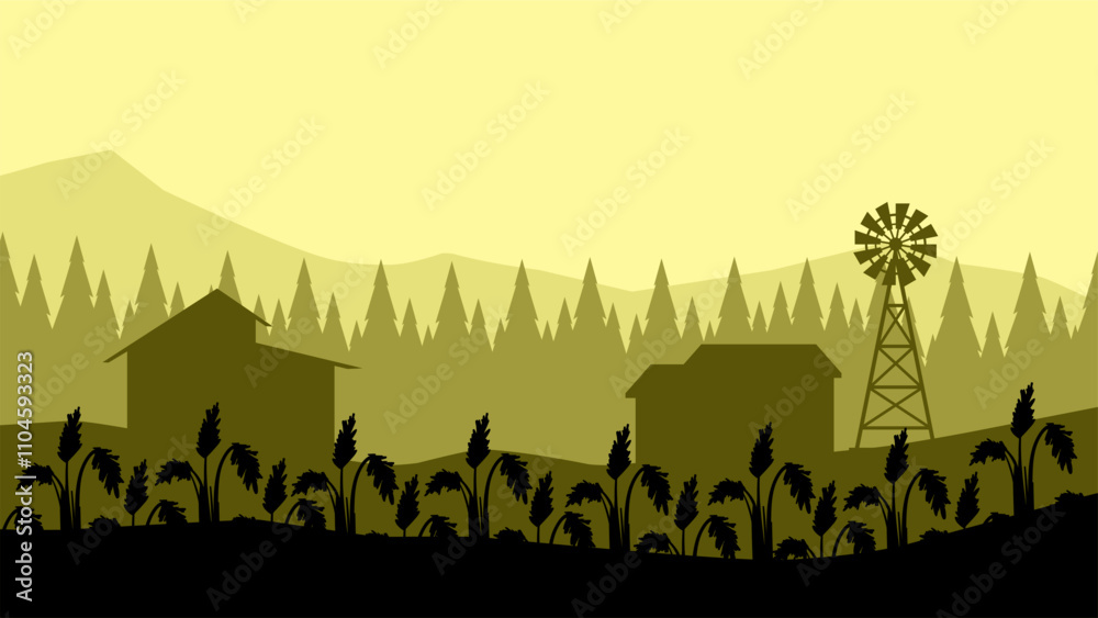 Landscape illustration of wheat farm in countryside Landscape illustration of wheat farm in countryside