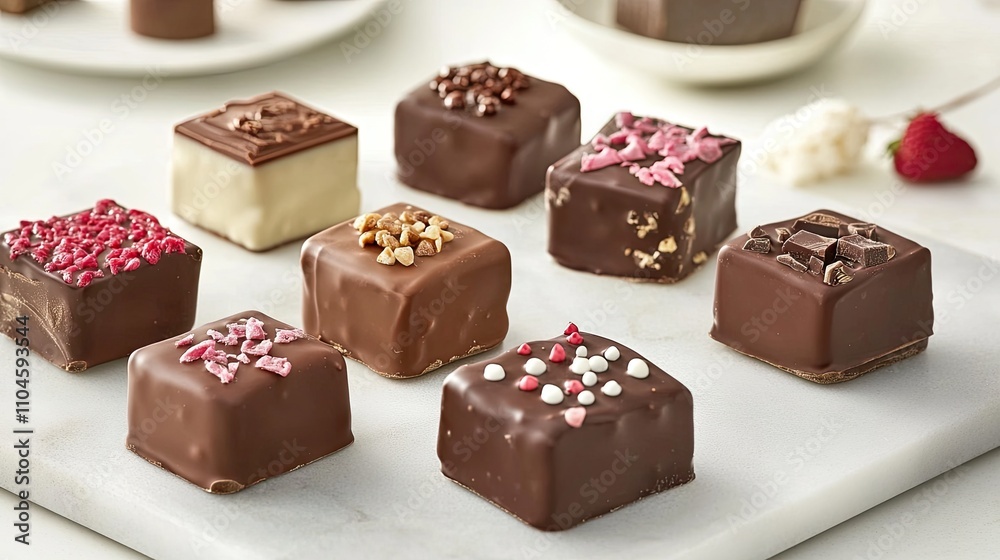 Fototapeta premium Assorted Chocolate Treats with Colorful Toppings on White Surface