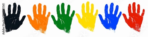 Bright multicolored handprints on white background, colorful children's handprint design, vibrant vector illustration