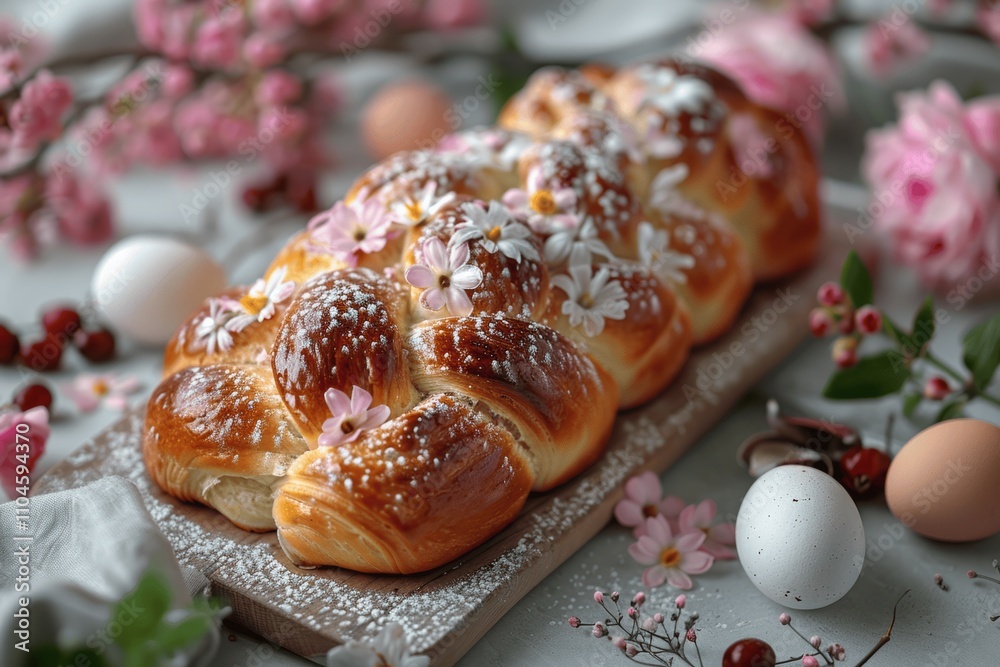 Easter Brioche Bun with White Flowers and Birds, Powdered Sugar, Eggs, and Berries Easter Brioche Bun with White Flowers and Birds, Powdered Sugar, Eggs, and Berries
