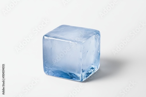 A blue ice cube is sitting on a white background