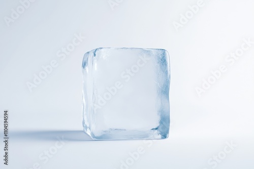 A clear ice cube is sitting on a white background