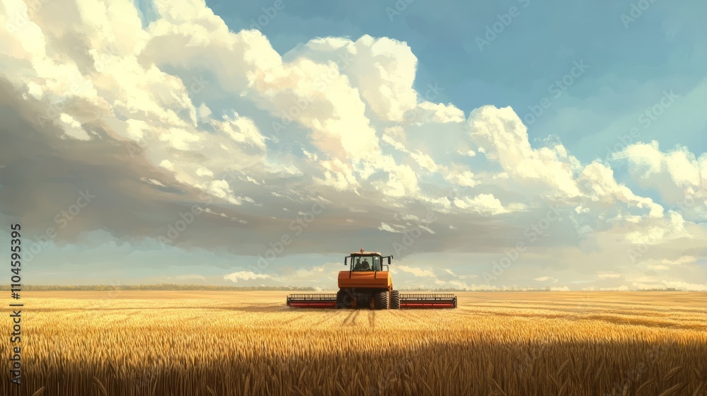 Fototapeta premium A precision harvester working in a field of wheat under cloudy skies