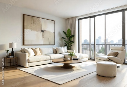 A contemporary living room with a plush sofa, a sleek coffee table, and large windows overlooking a city skyline