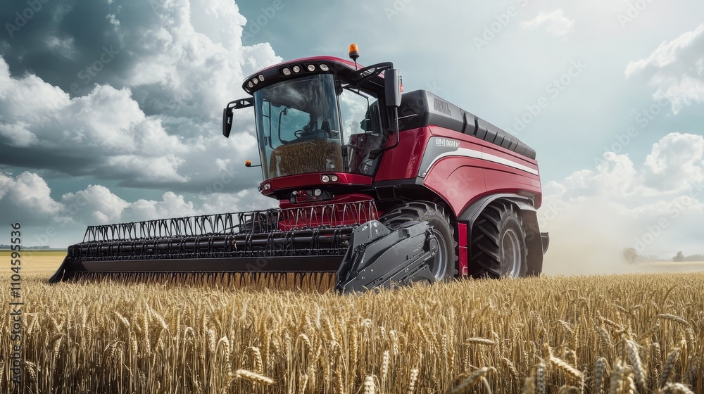 Obraz premium A precision harvester working in a field of wheat under cloudy skies