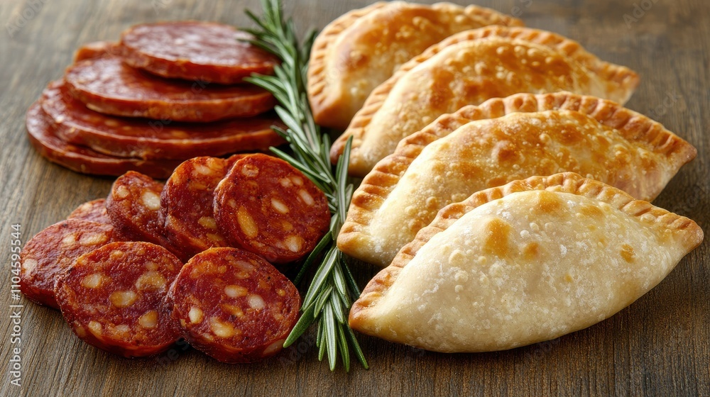 Savory Empanadas with Slices of Spicy Chorizo on Wooden Background Savory Empanadas with Slices of Spicy Chorizo on Wooden Background