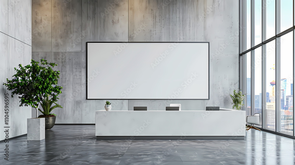 Modern Lobby Reception with Blank Canvas for Branding: A sleek and contemporary reception area with a large blank canvas, perfect for showcasing your brand or message. Modern Lobby Reception with Blank Canvas for Branding: A sleek and contemporary reception area with a large blank canvas, perfect for showcasing your brand or message.