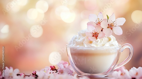 Creamy Beverage with Cherry Blossoms and Soft Background Lights