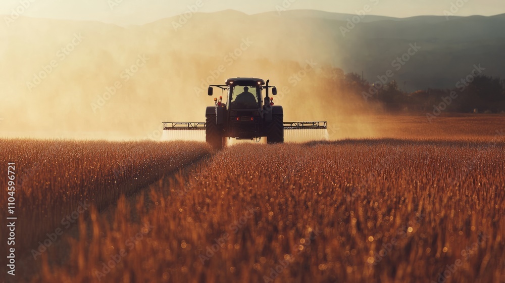 Fototapeta premium A sprayer tractor applying fertilizers to a crop field, with water mist in the air