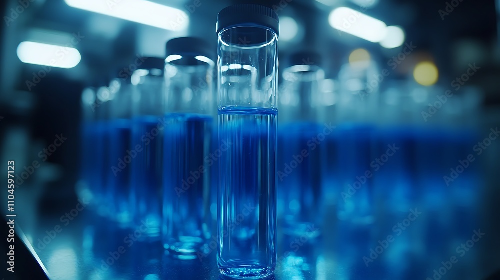 Close up of test tubes filled with blue liquid, Glass test tube filled background Close up of test tubes filled with blue liquid, Glass test tube filled background