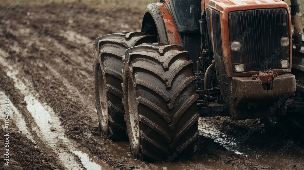 A tractor fitted with large tires driving through a muddy farm field A tractor fitted with large tires driving through a muddy farm field