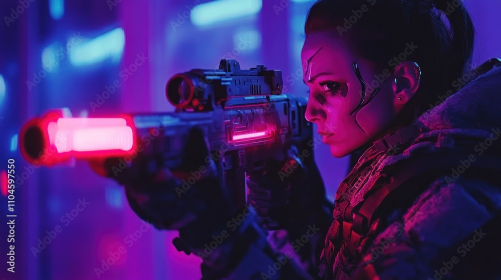 A futuristic warrior aims a neon-lit weapon in a vibrant, cyberpunk environment. A futuristic warrior aims a neon-lit weapon in a vibrant, cyberpunk environment.