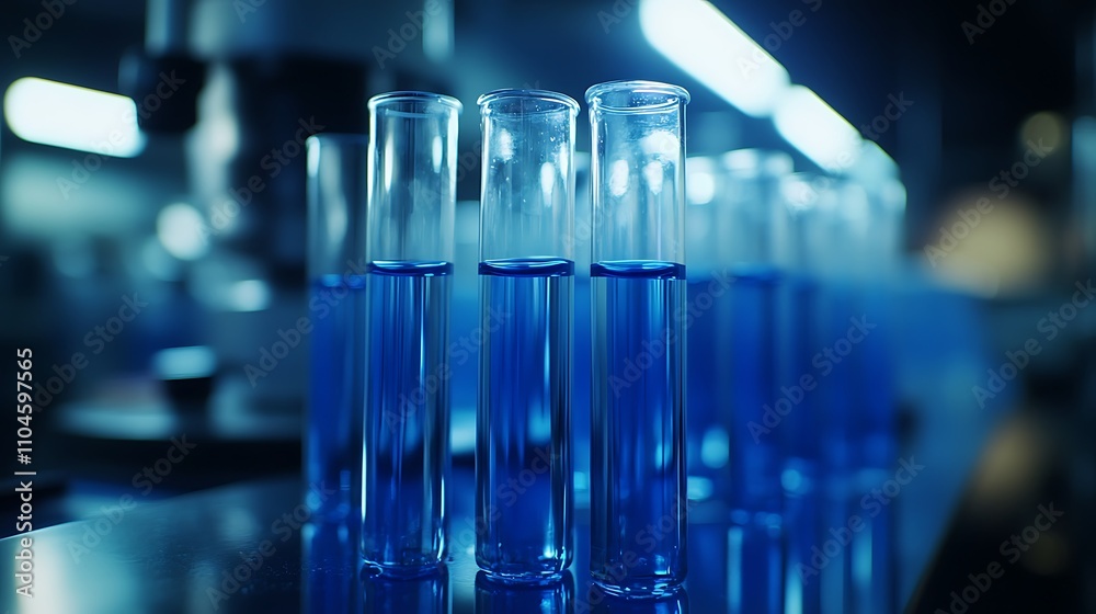 Close up of test tubes filled with blue liquid, Glass test tube filled background Close up of test tubes filled with blue liquid, Glass test tube filled background
