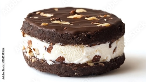 A delicious ice cream sandwich with chocolate cookie layers and nuts on top.