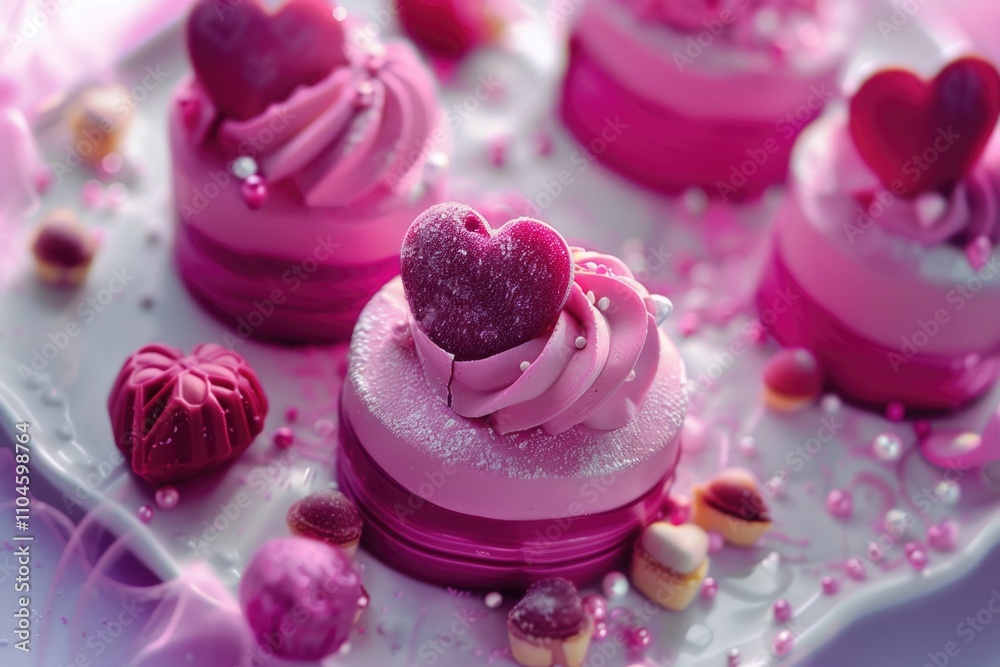 Delicious pink frosting cupcakes topped with heart-shaped candies and sprinkles. Perfect for Valentine's Day or any celebration of love. Delicious pink frosting cupcakes topped with heart-shaped candies and sprinkles. Perfect for Valentine's Day or any celebration of love.