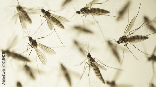 Close-Up View of Swarming Mosquitoes Against a Light Background, Capturing the Intricate Details of Their Wings and Body Structures for Natural Science and Health Themes photo