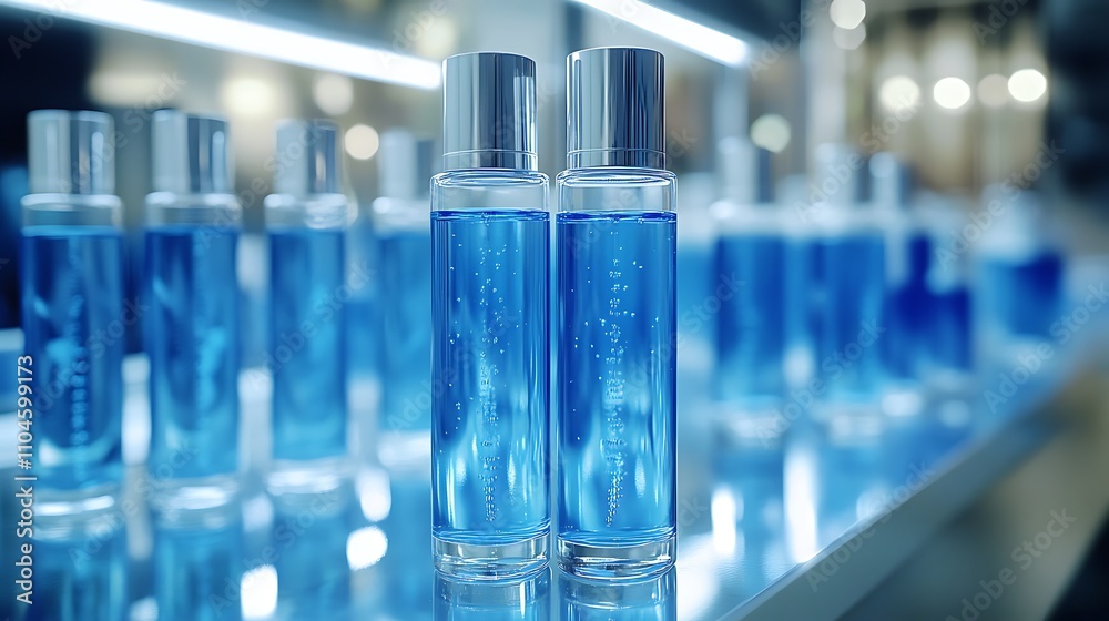 Close up of test tubes filled with blue liquid, Glass test tube filled background Close up of test tubes filled with blue liquid, Glass test tube filled background