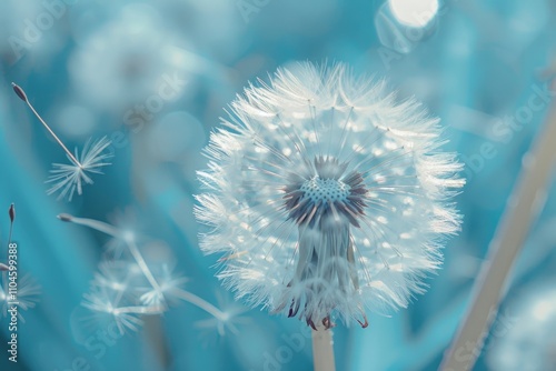 A dandelion seed head in a soft-focus image against a blue sky backdrop, with fluffy white seeds. photo