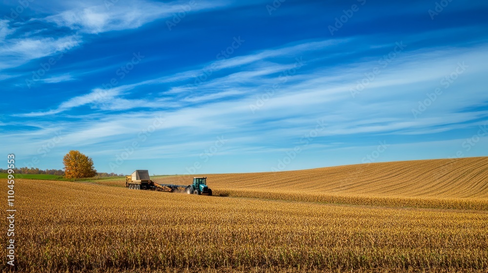 Fototapeta premium A tractor towing a grain cart through a harvested cornfield under a bright blue sky