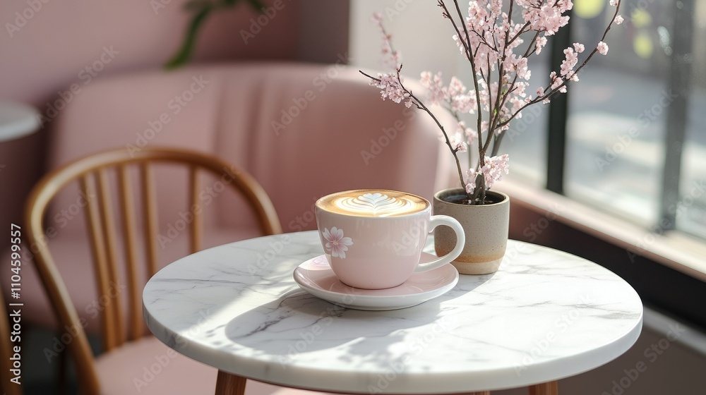 Cozy Cafe Scene with Coffee Cup and Pink Cherry Blossom Decoration Cozy Cafe Scene with Coffee Cup and Pink Cherry Blossom Decoration