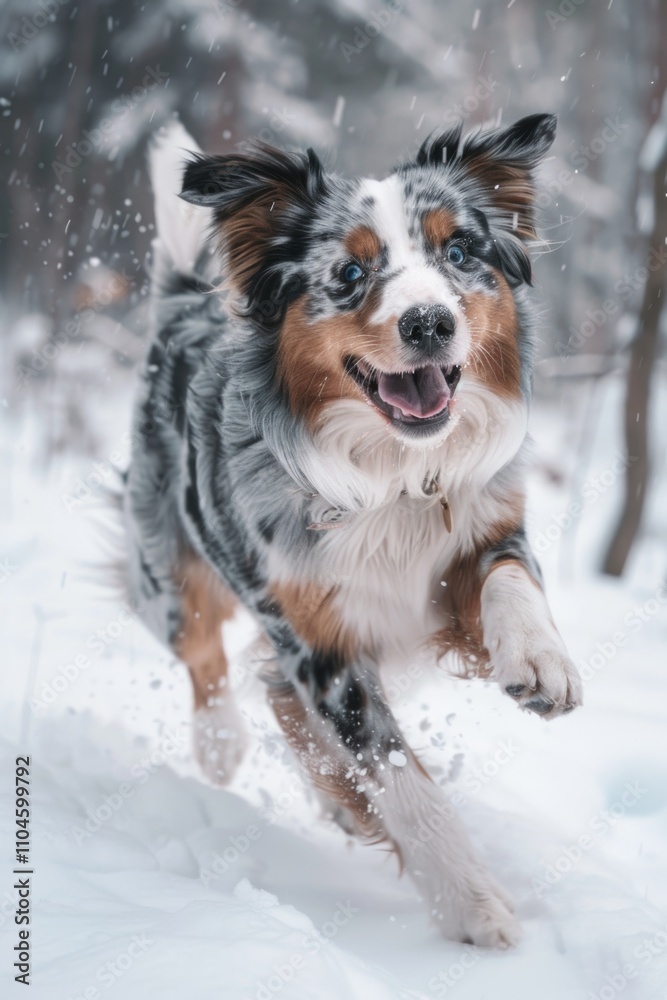 Happy dog in winter, playfully running through snow-covered ground, joyful and energetic. Happy dog in winter, playfully running through snow-covered ground, joyful and energetic.