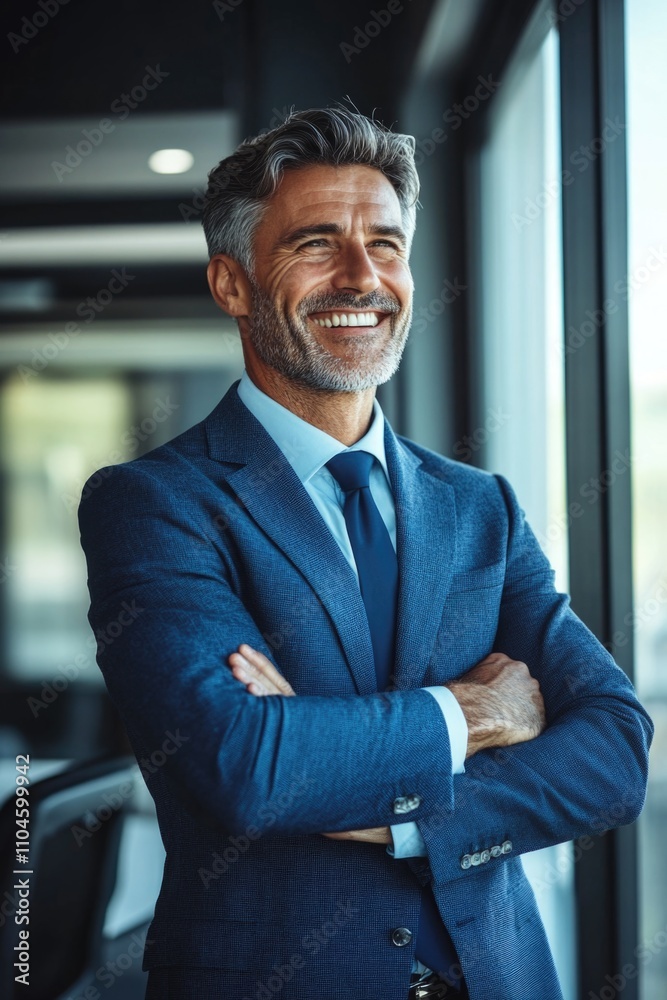 Man with beard, smiling confidently wearing suit and tie, looking towards camera in professional office environment. Man with beard, smiling confidently wearing suit and tie, looking towards camera in professional office environment.