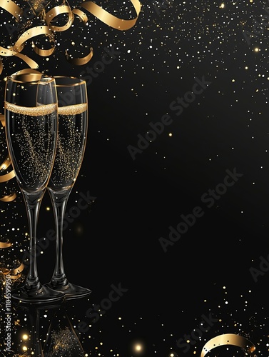 Elegant Champagne Flutes with Gold Confetti and Ribbons on Black Background - New Year's Eve