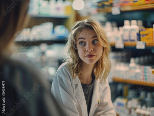 A pharmacist assisting a customer with medicine information and health advice in a well-stocked drugstore.