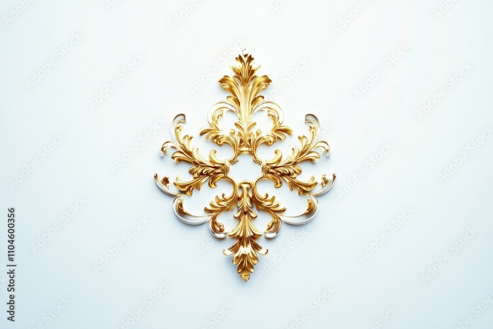 Gold ornate decorative plate with an intricate floral motif, featuring a textured relief design on a white surface. Gold ornate decorative plate with an intricate floral motif, featuring a textured relief design on a white surface.