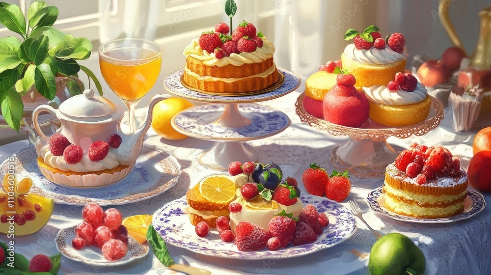A table set with an array of delectable baked goods and fresh fruits, perfect for a summer afternoon tea or a delightful dessert spread. A table set with an array of delectable baked goods and fresh fruits, perfect for a summer afternoon tea or a delightful dessert spread.