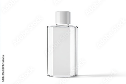 A clear bottle with a white cap sits on a white background