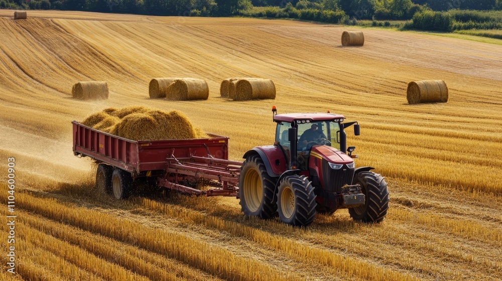 Obraz premium A tractor towing a grain cart through a large harvested field, with hay bales in the background