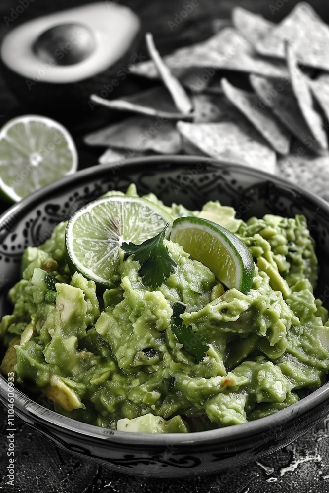 Bowl of green guacamole with lime slices on top. The bowl is on a table with a plate of tortilla chips Bowl of green guacamole with lime slices on top. The bowl is on a table with a plate of tortilla chips
