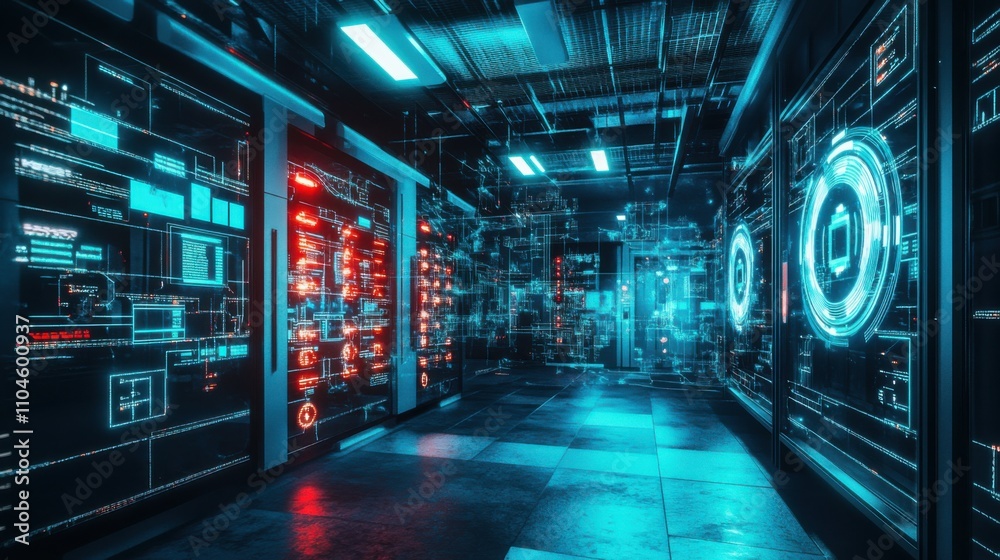 Fototapeta premium Futuristic Data Center with Glowing Visuals and Advanced Technology