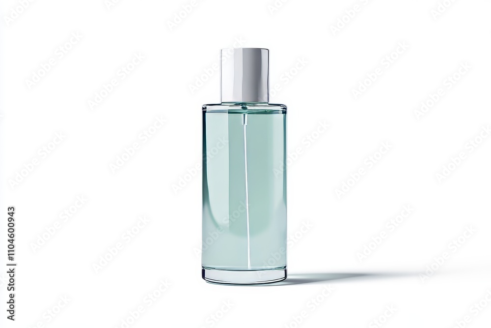 A clear bottle of cologne sits on a white background A clear bottle of cologne sits on a white background