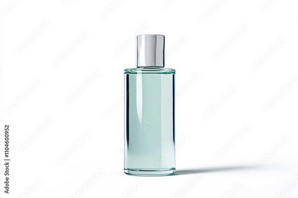A clear bottle of perfume sits on a white background A clear bottle of perfume sits on a white background