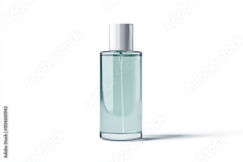 A clear bottle of cologne sits on a white background