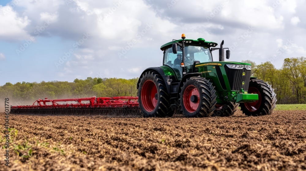 Obraz premium A tractor with a harrow attachment smoothing the surface of a field after plowing