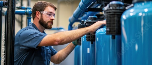 Indoor maintenance technician replacing water filter for enhanced water quality management photo