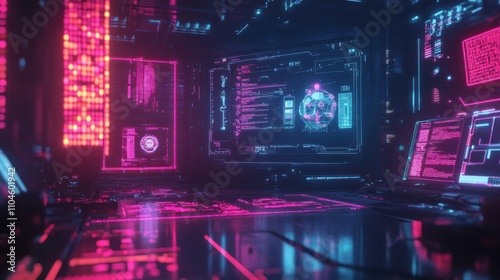 Futuristic Digital Interface with Neon Lights in a Sci-Fi Setting