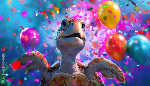 Bright Smiling Sea Turtle Looking Up Surrounded by a Lively Swirl of Colorful Confetti and Balloons